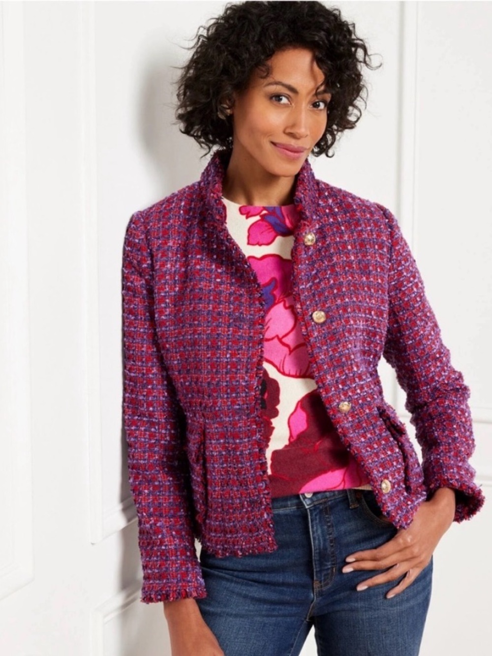 Talbots Pink & Purple Tweed Stand-Collar Blazer NWT